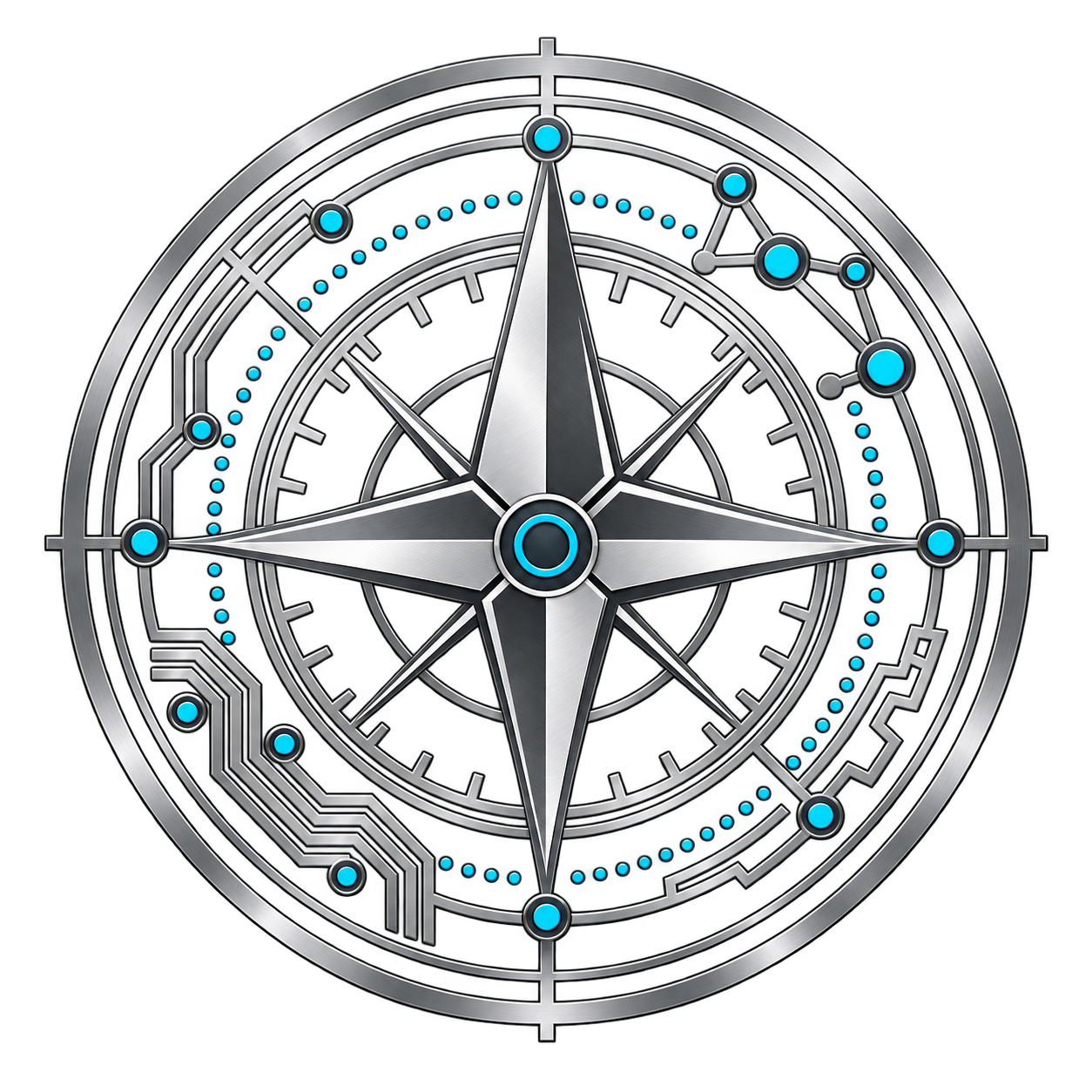 Compass rose with subtle engineering and AI details
